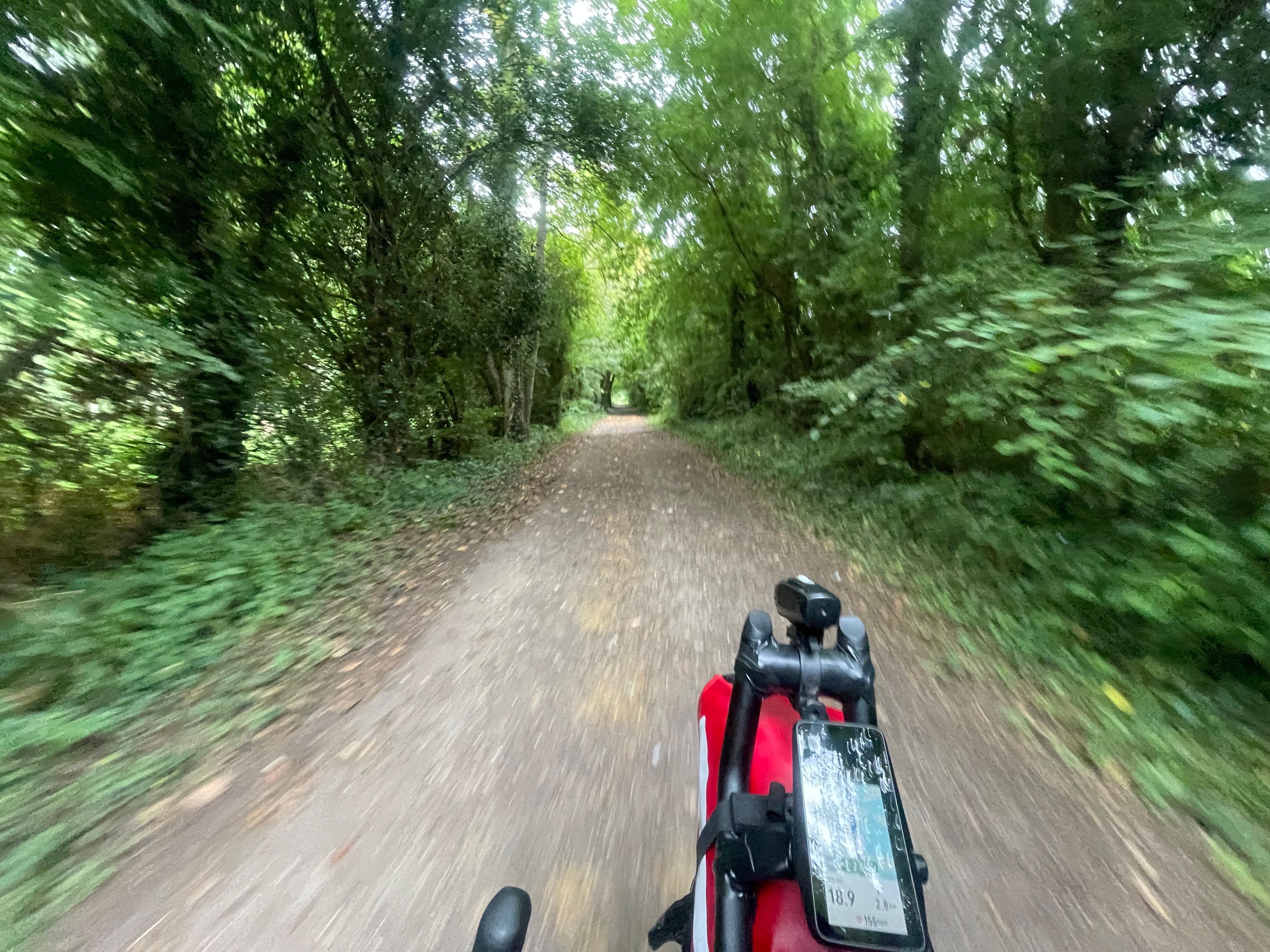 Photo de la voie verte, en train de rouler. Le flou suggère un effet de vitesse. On distingue l'avant du poste de pilotage du vélo