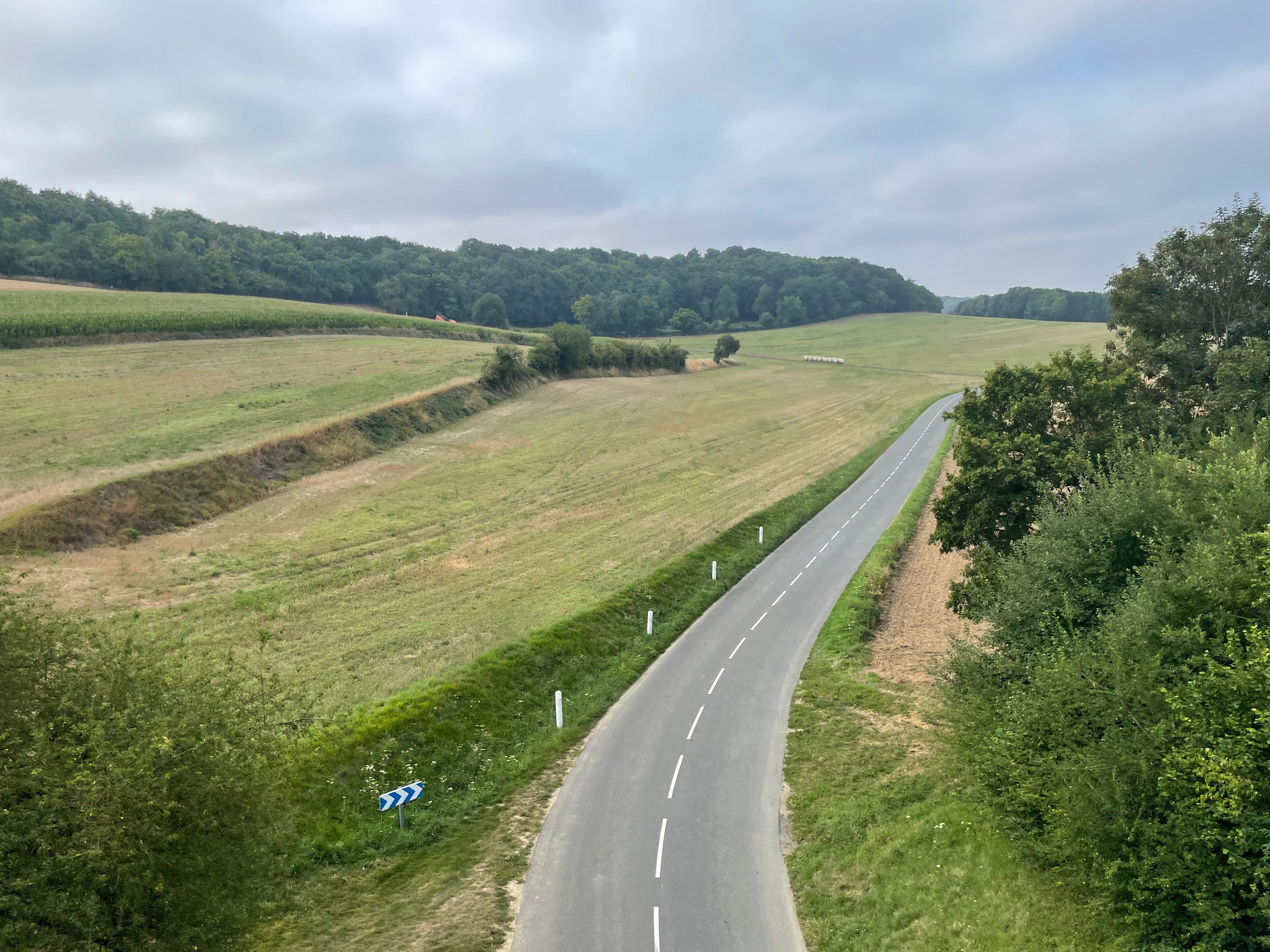 Paysage de campagne, pris au grand angle. Une petite route s'éloigne vers l'horizon. Les lignes des talus et de la lisière de forêt proche semble former un point de fuite. Le ciel est voilé.