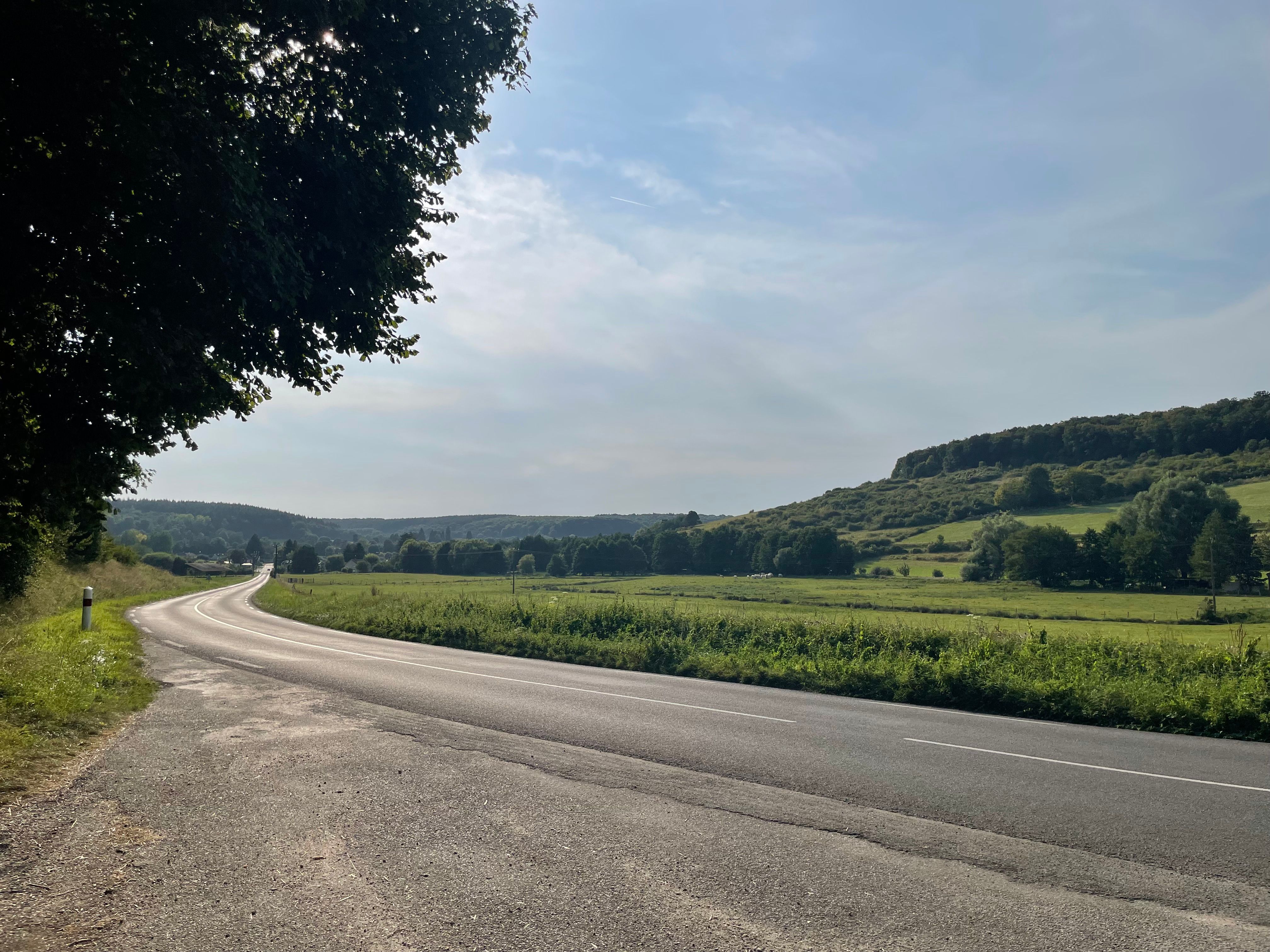 Paysage de vallée douce, à proximité de la vallée de la Seine, une route de campagne s'étend vers l'arrière plan. Les coteaux sont verts et boisés.