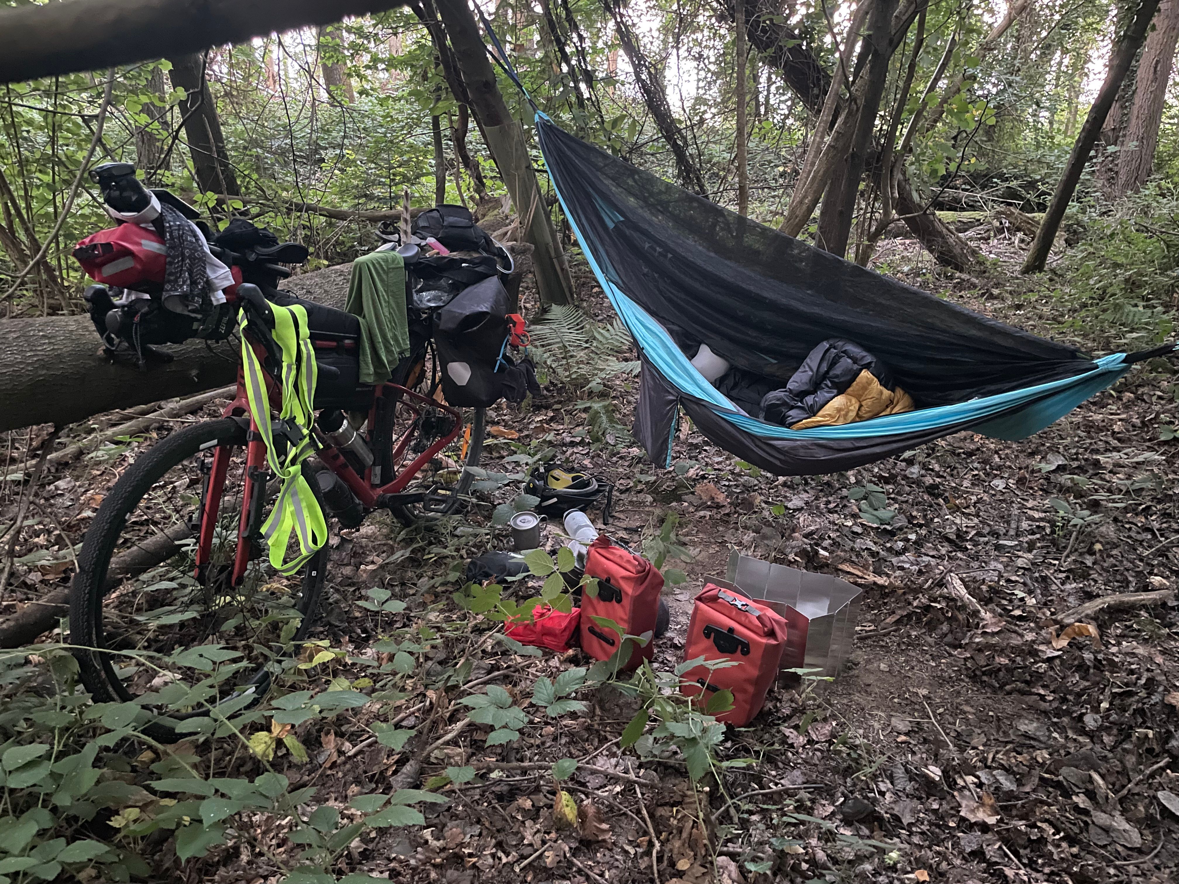 Le lieu de bivouac au petit matin. Un hamac bicolore est tendu entre 2 arbres, sur la gauche, le vélo est posté contre un tronc d'arbre, et divers vêtements et affaires y sont accrochées pour sécher. Au milieu, on distingue 2 petites sacoches détachées du vélo et l'écran coupe-vent du réchaud