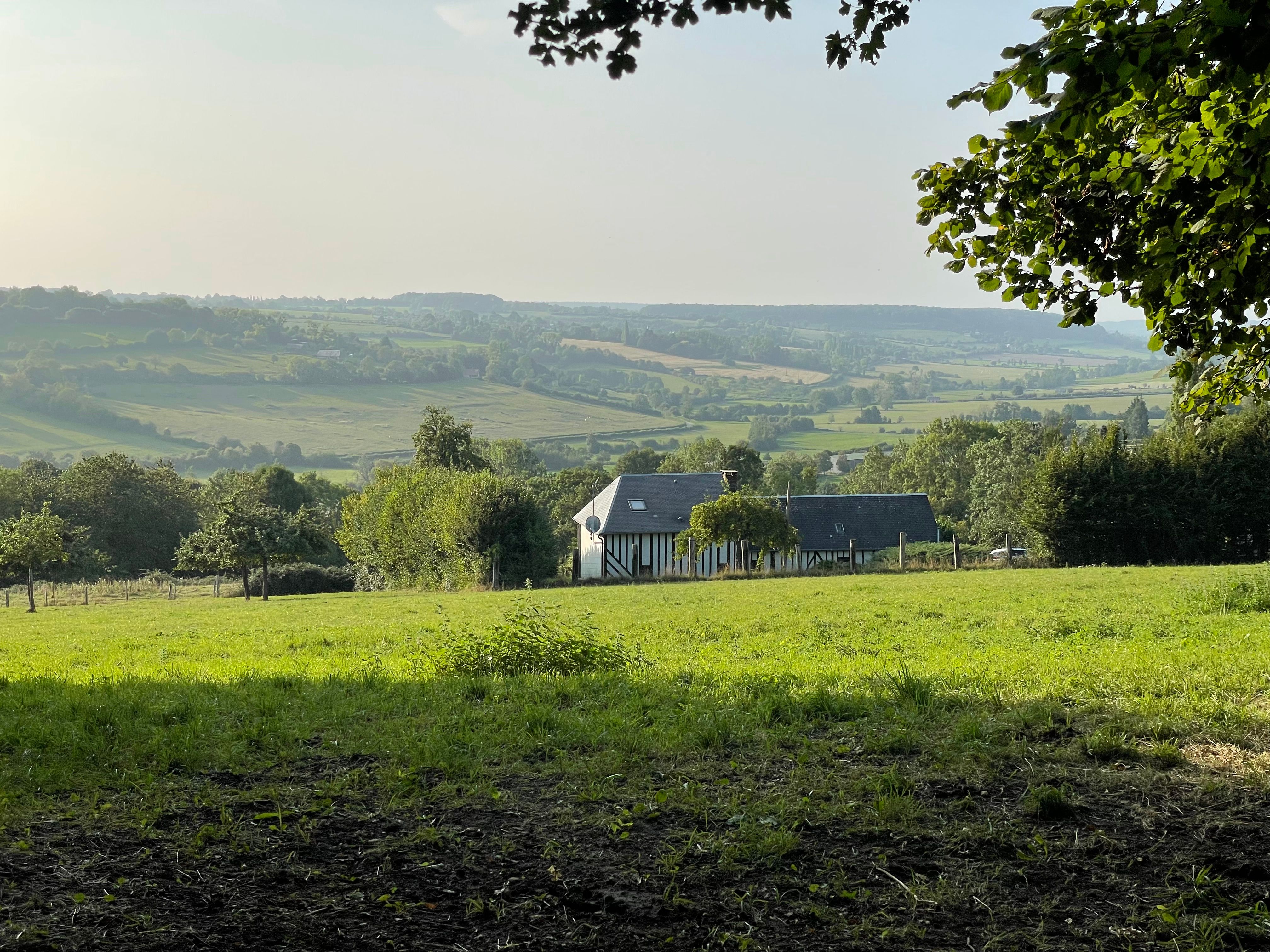 Point de vue sur la vallée de la Vie. Des feuillages de noisetiers en haut à droite marquent le tout premier plan. Au second plan, au centre, une maison à colombages typiquement normande. à l'arrière plan, le bocage recouvre le coteau opposé de la vallée